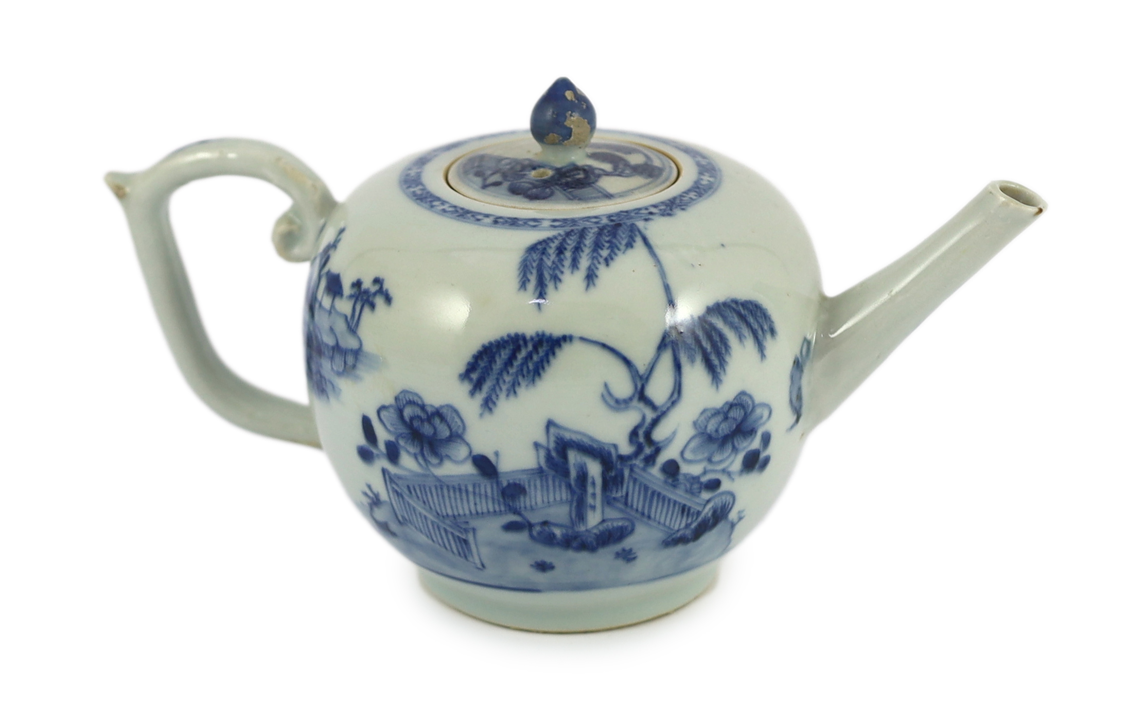 A Chinese blue and white bullet-shaped teapot and cover, Nanking Cargo, c.1750